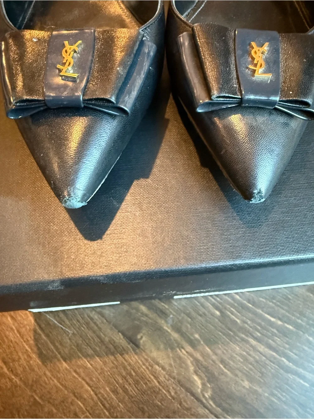 Yves Saint Laurent Anais Black Pointy Slingback Flat with Bow and Gold Logo